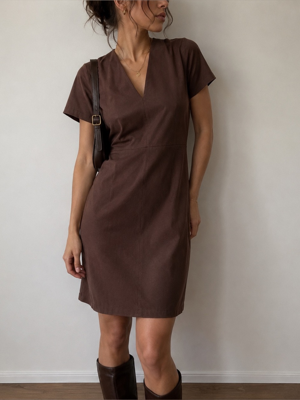 Universal Standard Moriah Brown V-Neck‎ Twill Dress Size 2XS (6-8) Minimalist